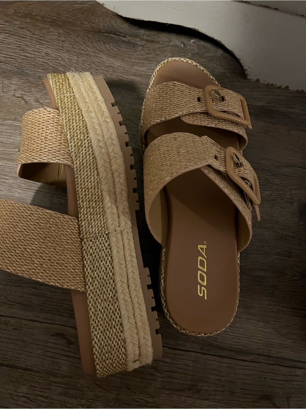 Soda Tan Woven Dual-Buckle Platform Mules